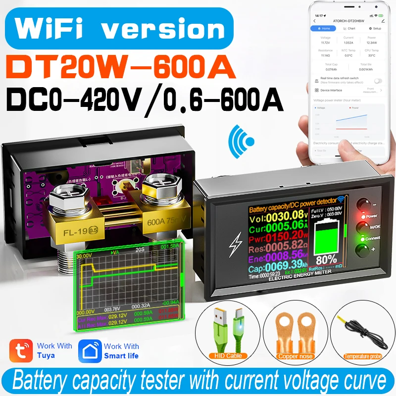 Tuya Wifi Inteligente Testador de Detecção de Capacidade da Bateria de Lítio dc Display Digital Tensão Atual Coulomb Medidor de Energia Dt20w dc 0420v