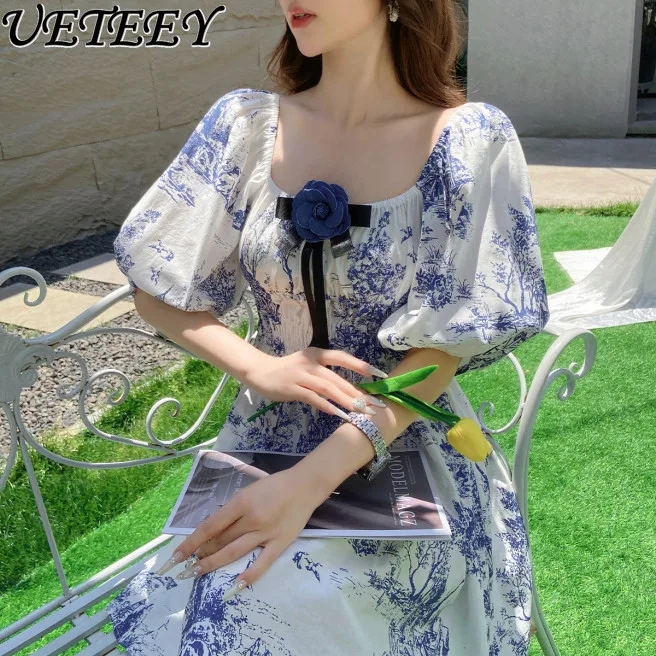 

Summer French Waist Slimming Printing Dress Detachable Corsage Holiday Waist-Tight Square Collar Puff Short Sleeve Dresses