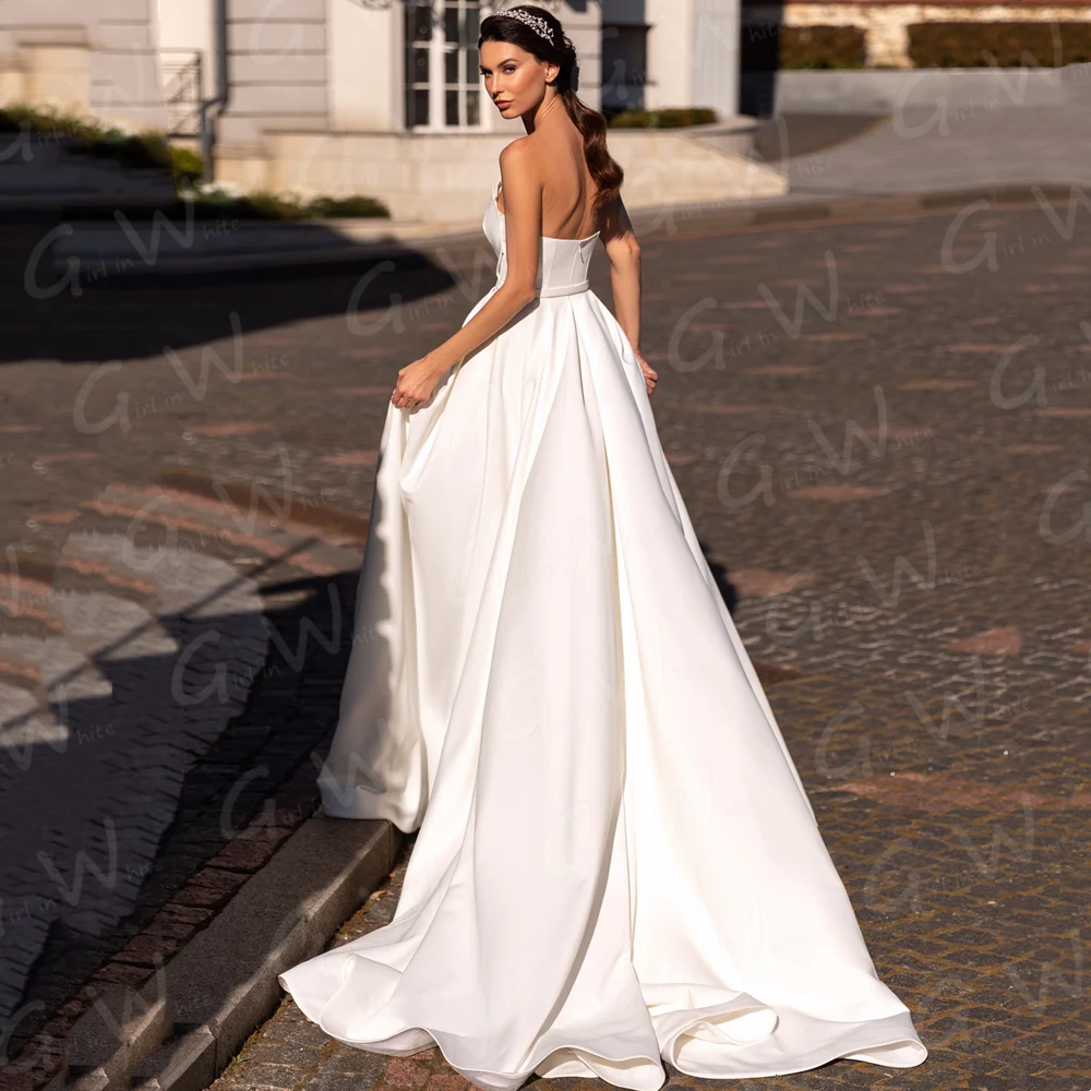 Simple Modern Satin Wedding Dress Sweetheart Sexy Slit Bridal Gown A-line Chic Women Bride Dresses Sleeveless Vestido De Noiva