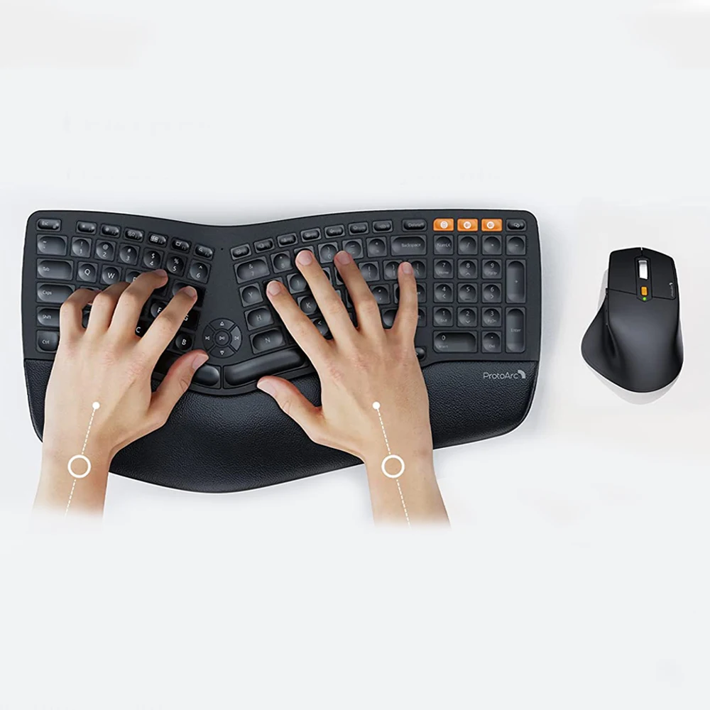 ProtoArc Ergonomic Keyboard and Mouse Combo Portable Office Split Keyboard BT Wireless Keyboard and Mouse