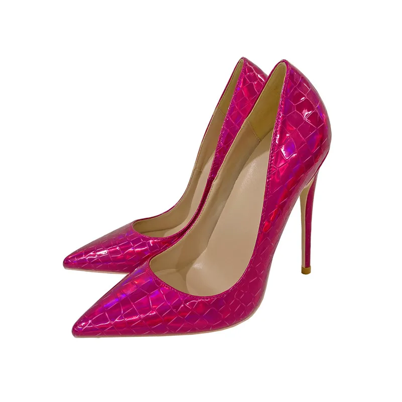 Keshangjia Womens Colorful Metallic Shiny Pumps Fish Scales Pattern Banquet Ladies Shoes Sexy Rose Red Stone Veins High Heels