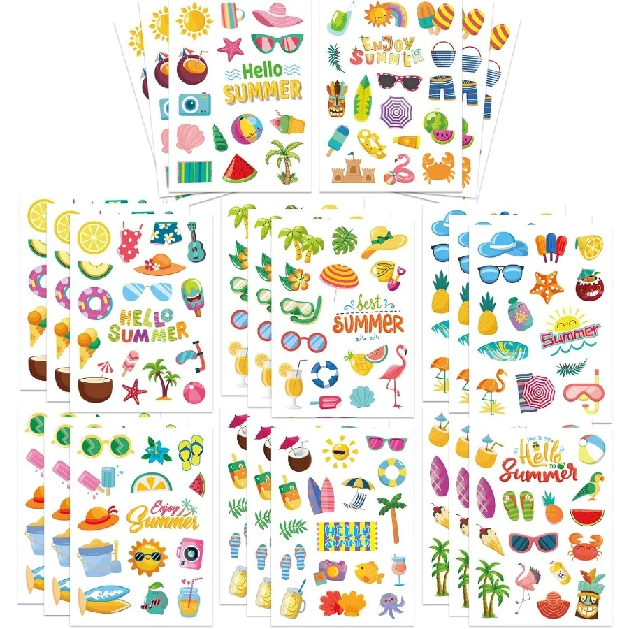 24 Hojas de Pegatinas Tropicales de Verano para Piscina y Playa, Decoración para Fiestas Luau Hawaianas: Diseños de Sol, Sandía, Cerveza, Helado y Piña