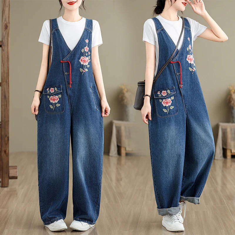 

Новые китайские женские джинсовые комбинезоны, летние винтажные утягивающие прямые широкие брюки с вышивкой, модные высокая талия