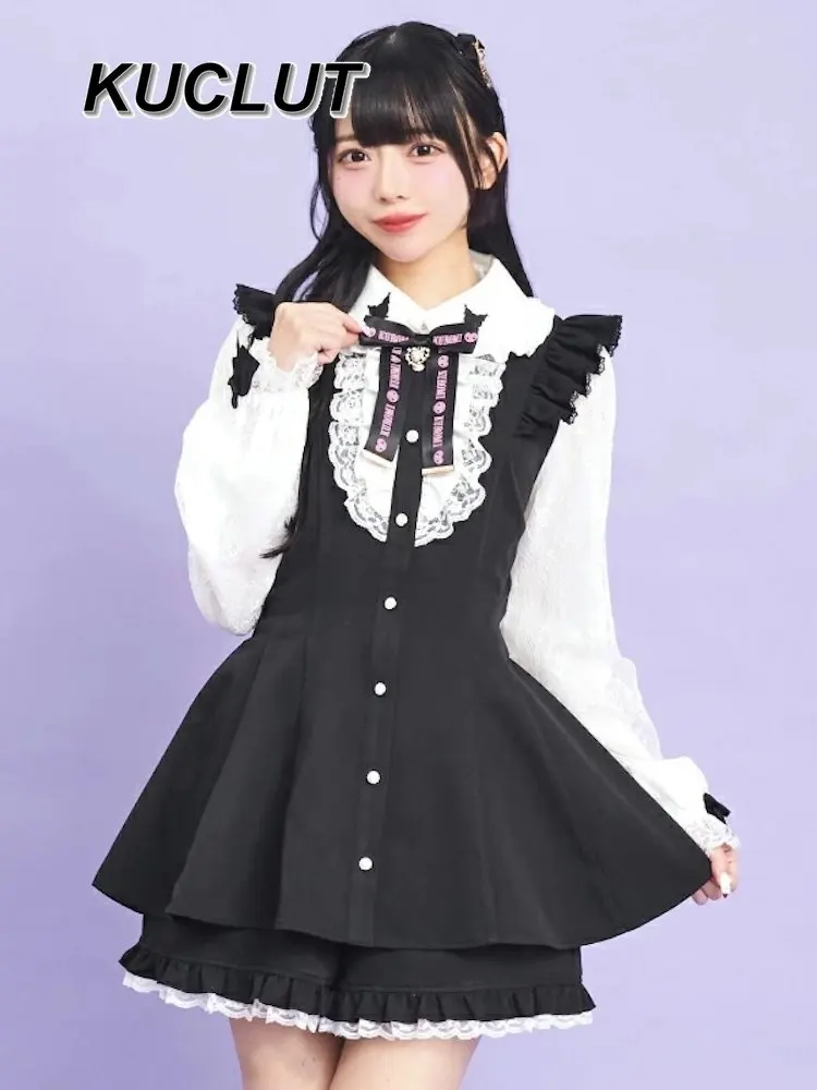 

Spring Autumn Women's Suit Japanese Style Girl Two-Piece Sets Doll Collar Ruffle Bowknot Lady Long Sleeve Dress + Shorts Set