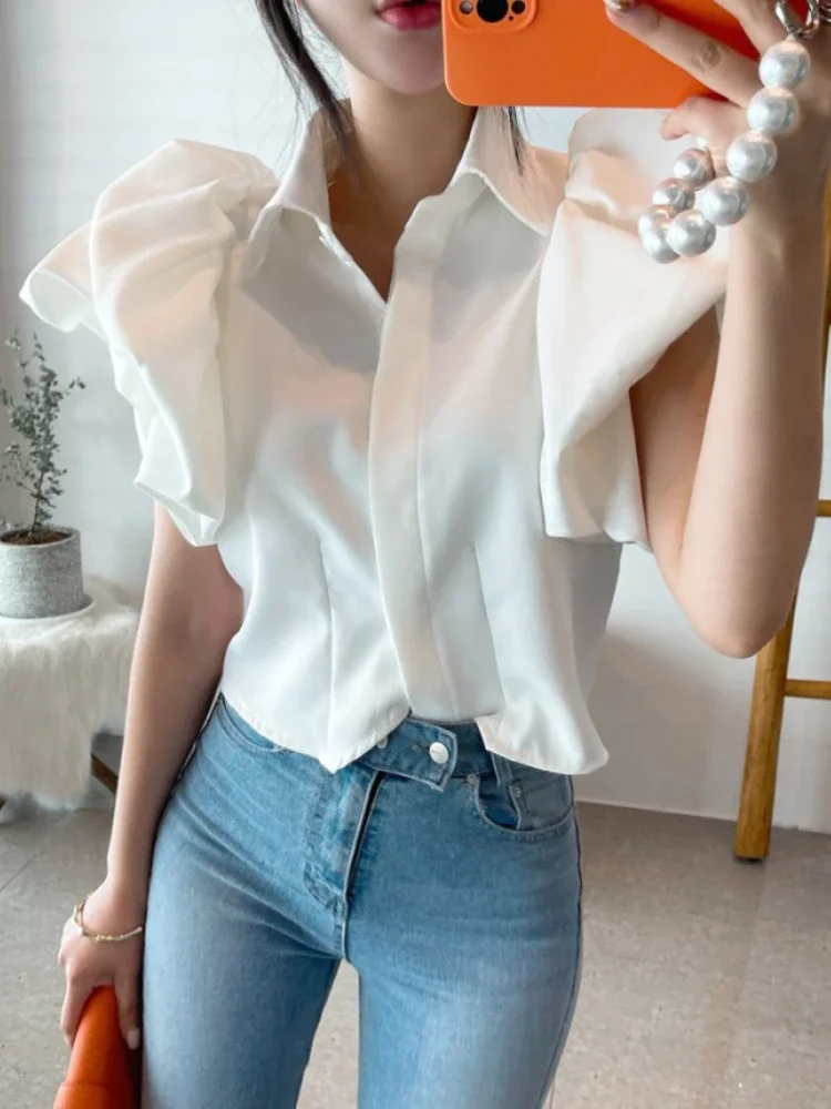 Woherb Vintage Puff Sleeve Elegant Shirt White Black All Match Blouse Turn Down Collar Office Ladies Blusa Female Casual Tops