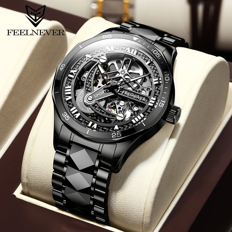 LIGE Brand FeelNever Fashion Luxury Mechanical Watches for Men Hollow Out Tungsten Steel Band Waterproof Automatic Man Watch+Box