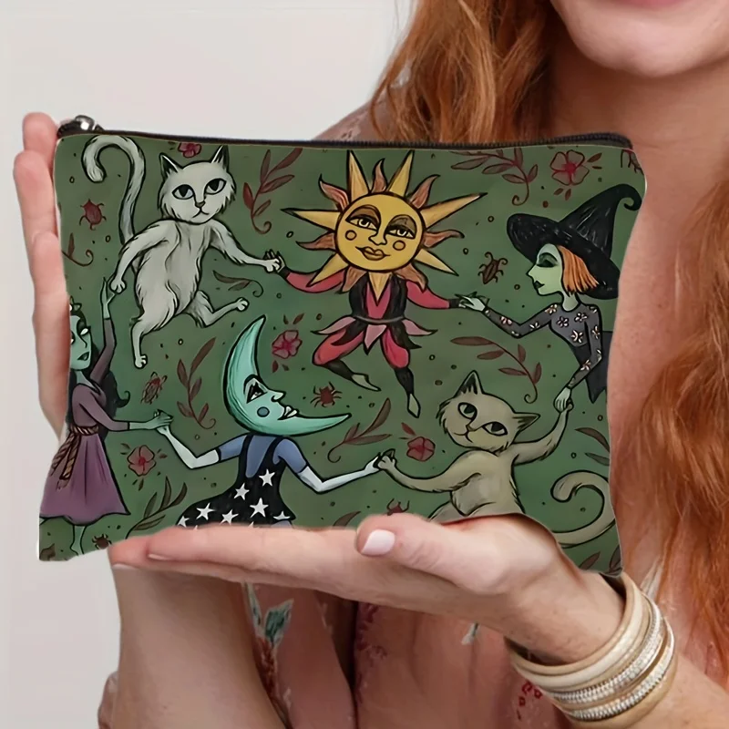 Bolsa de maquillaje Magic Forest Night – Diseño de bruja, gato y luna en verde profundo encantador – Bolsa multifuncional con cremallera para cosméticos, Pe