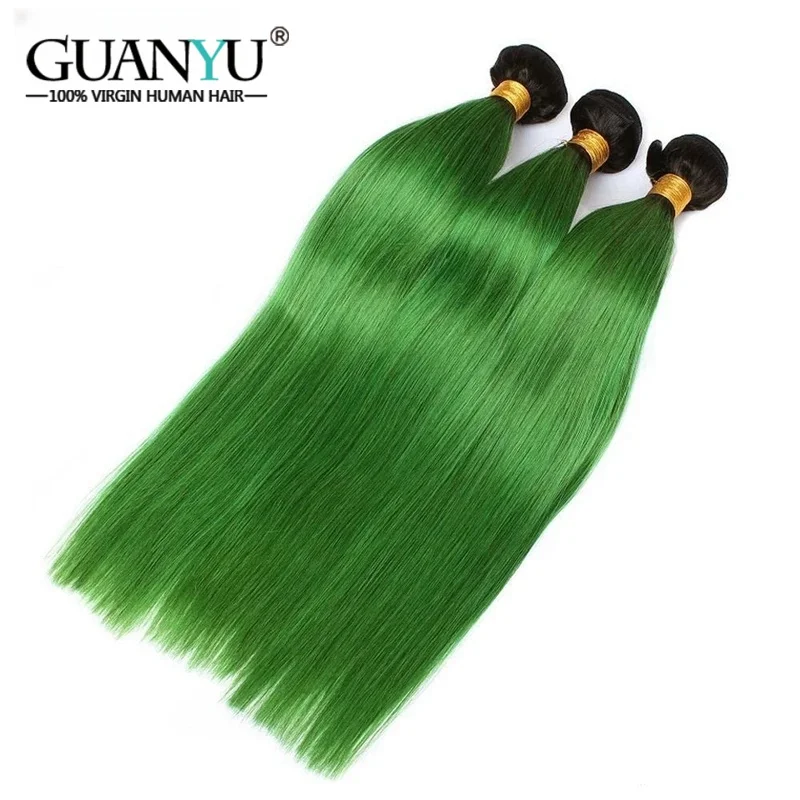 1B/Green Straight Ombre Colored Human Hair Bundles 100% Human Hair Extensions 3/4 Bundle Deals Human Hair Weaves