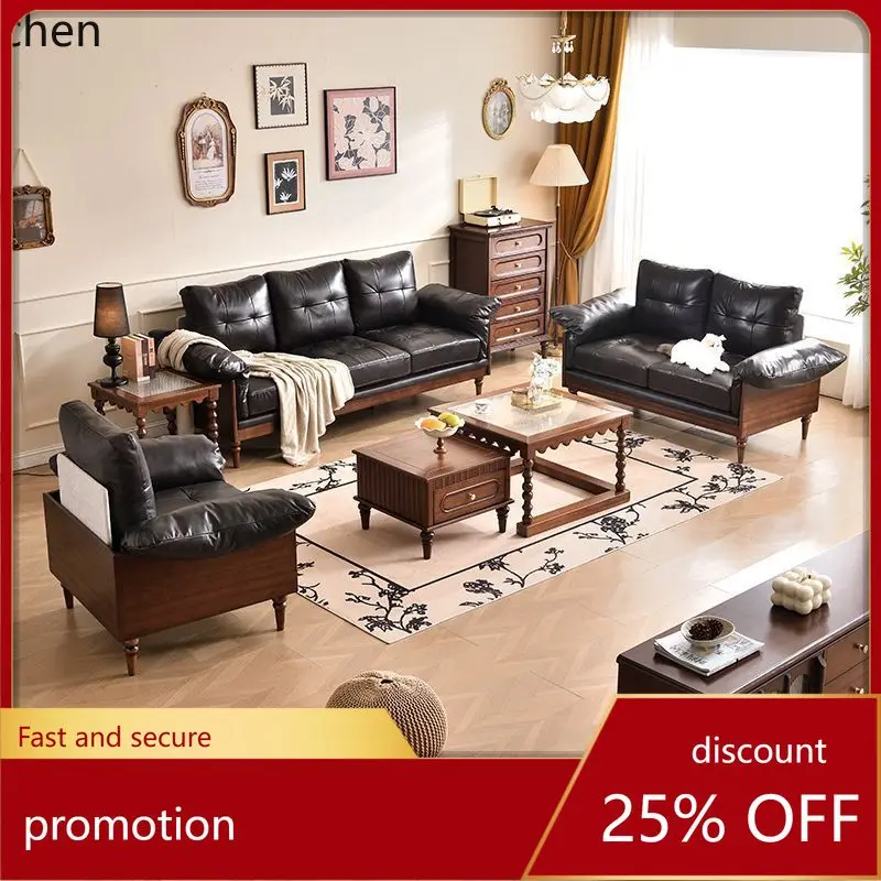 

CZ Medieval Style Solid Wood Sofa for Living Room, Black High-End Vintage Cowhide Sofa, Removable and Washable Floor Sofa