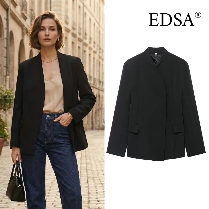 

EDSA Women High Neck Fitted Blazer Jacket for Office Lady Long Sleeves