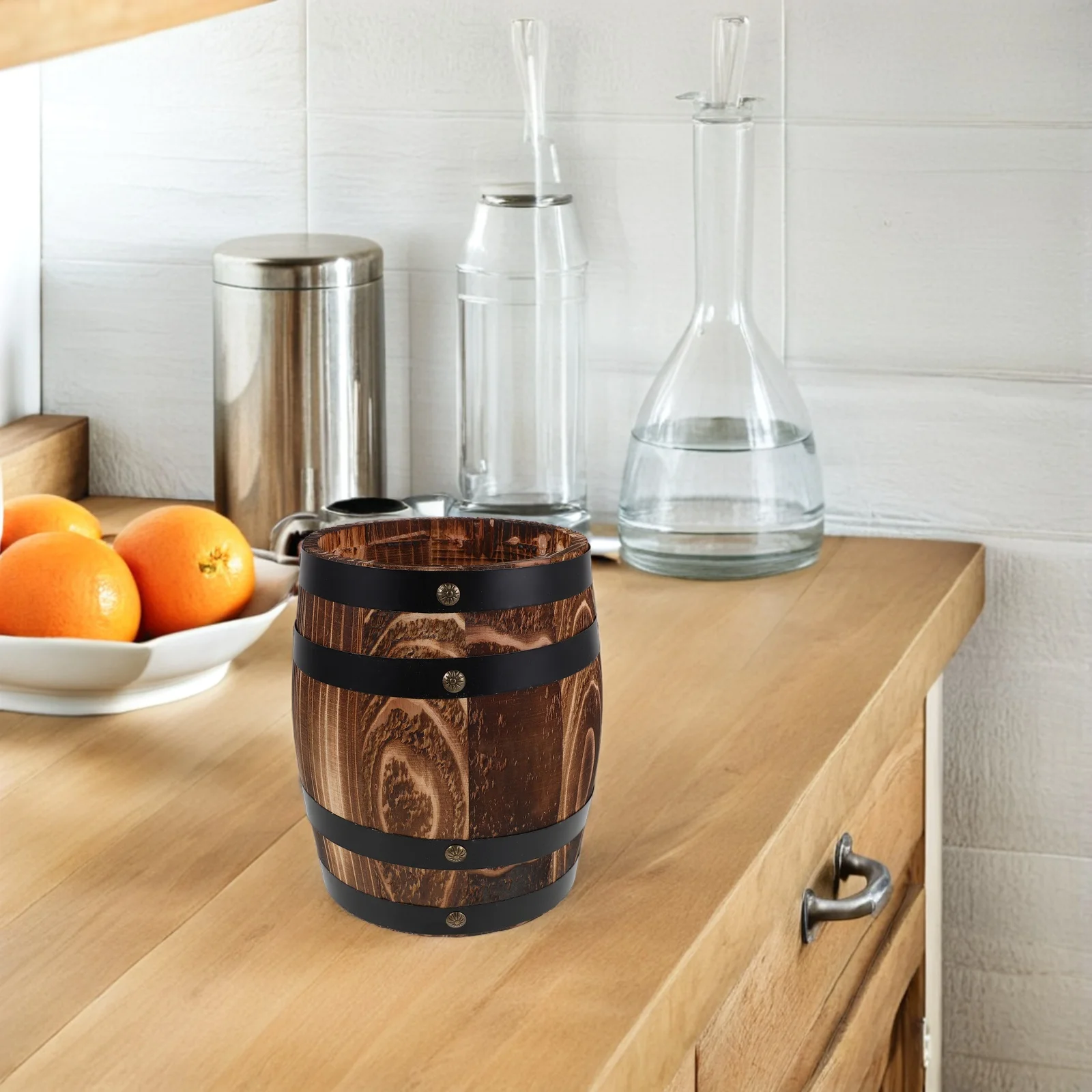 

Retro Wooden Utensil Holder Kitchen Countertop Cutlery Silverware Organizer Barrel Shaped Storage Bucket Chopsticks Spoons Forks