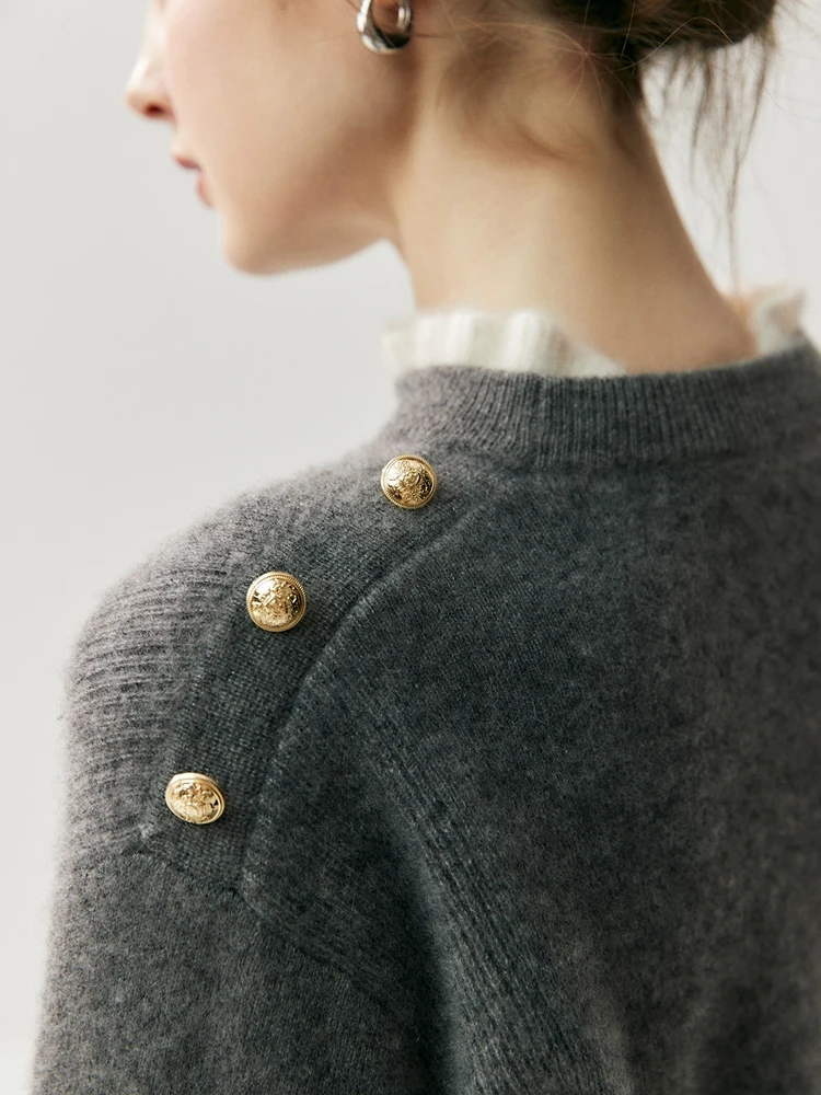 

CHICUU Women O-neck Ruched Collar Pullover 100% Cashmere Sweater Autumn Winter Thick Basic Cashmere Knitwear Buttons Design Tops