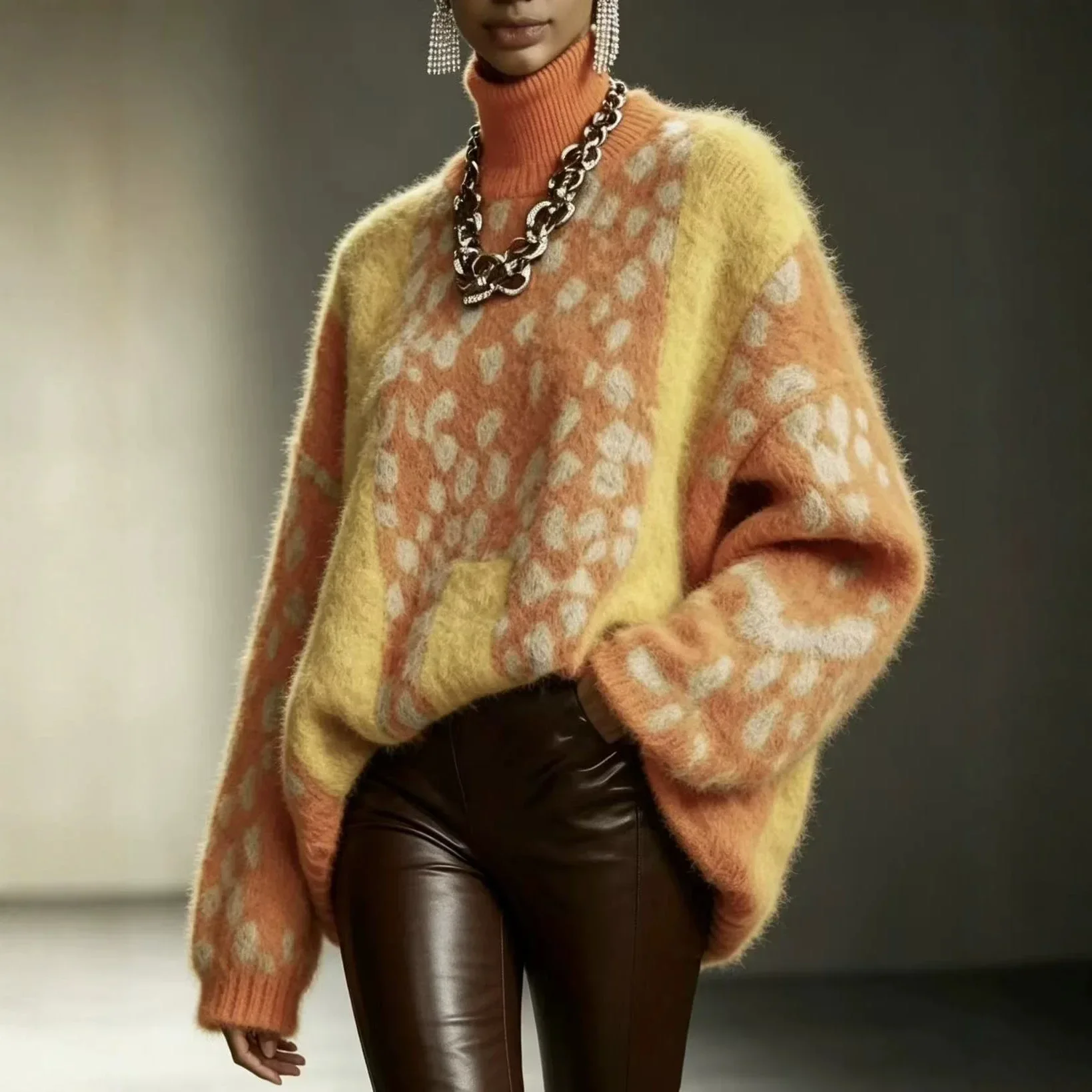 Women Turtleneck Fuzzy Knit Sweater Color Block Leopard Print Loose Oversized Long Sleeve Warm Pullover