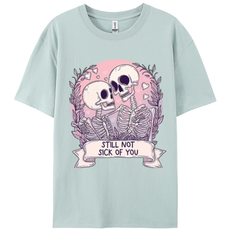 Romantic Style Hug Skull Print Women's T-Shirt 100% Cotton Loose Crew Neck Tees Unisex High Street Hip Hop Short Sleeve Men