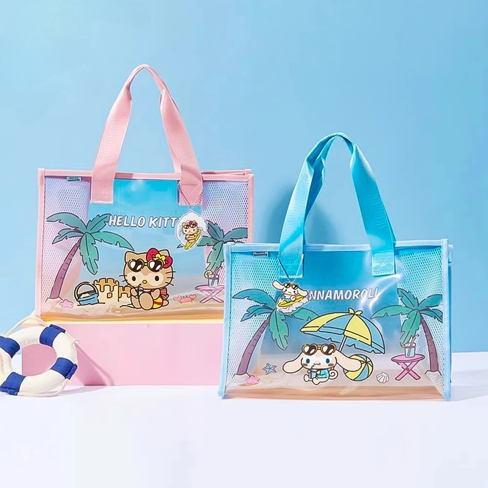 

Sanrio Series Summer Black Leather Beach Bag Large Capacity Jelly Transparent Mesh Tote Bag Hello Kitty Cinnamoroll