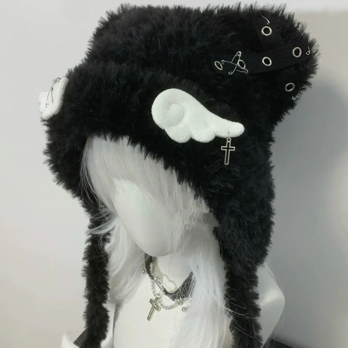 Y2k Subcuuture Hat Cat Ear Angel Wing Cross Decoration Gothic Punk Fluffy Autumn Keep Warm Scarf Beanie Warm Knitted Fluffy Cap