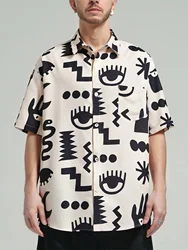 Sycpman Retro Hiphop Print Short Sleeve Shirt Men Fashion Brand Personalized Loose Casual Coat for Summer