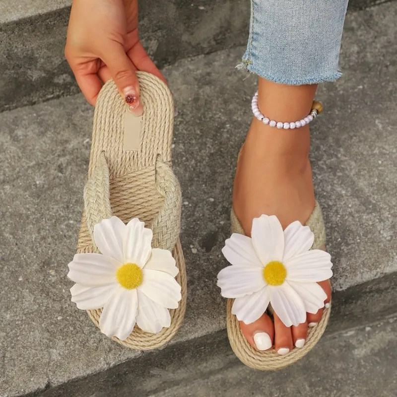 Women's Flat Sandals Open Toe Slip on Shoes with Woven Look Detail and Large Flower Applique for Elegant Outdoor Summer Footwear
