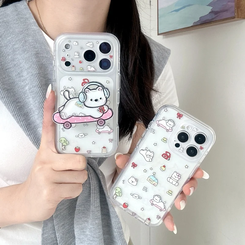 Fashion Cute Cartoon Puppy Pattern Phone Case For iPhone 17 Pro 16 15 14 Pro Max Cover with Shaking Stand Protective Cases For 1