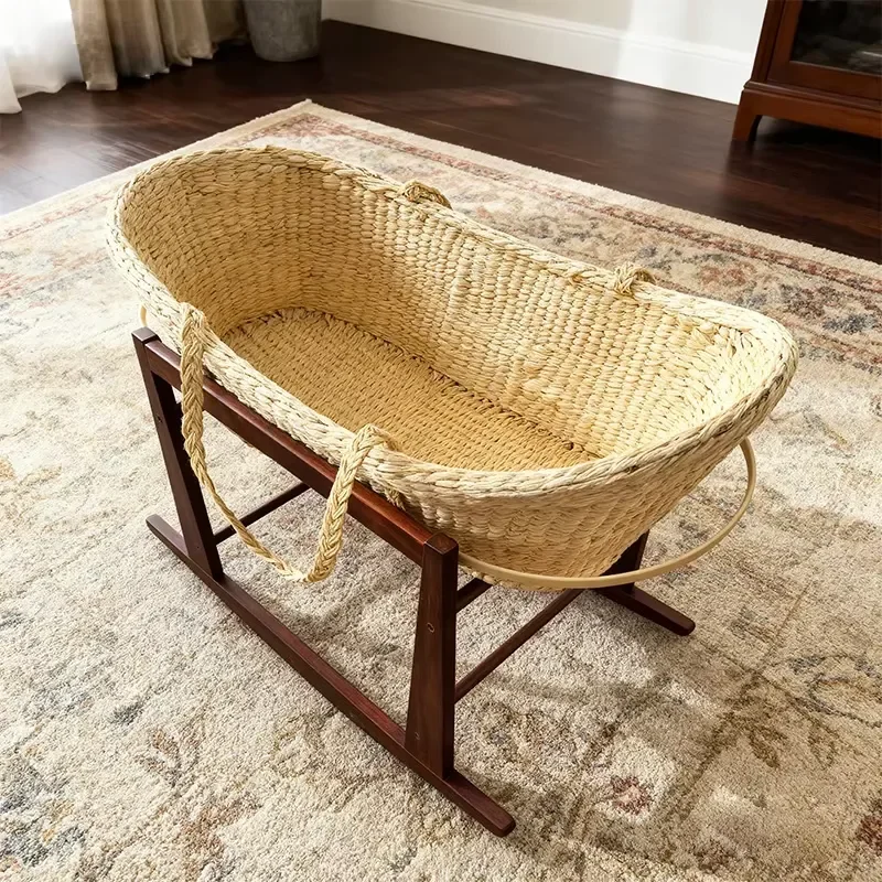 Handmade Natural Rattan Newborn Baby Basket, Crocheted Corn Shell Handmade Wicker Moses Basket, Wicker Basket
