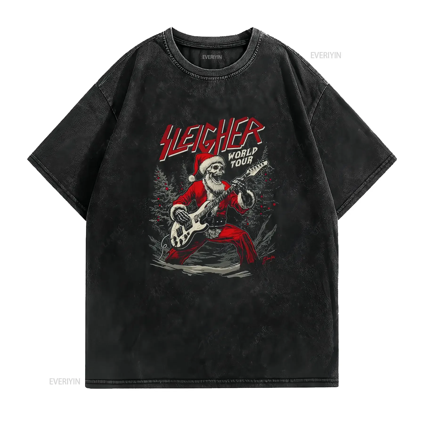 Sleigher World Tour T shirt Santa Skeleton Rock and Roll Christmas Men's vintage Washed Top For Everyday Wear Stylish graphic