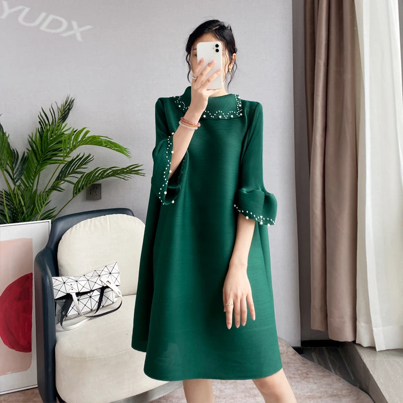 

Miyake Beaded Women's Dress 2023 Autumn Winter New Scarf Collar Miyake Fashion Solid Color Loose Large Size Medium-length Skirt