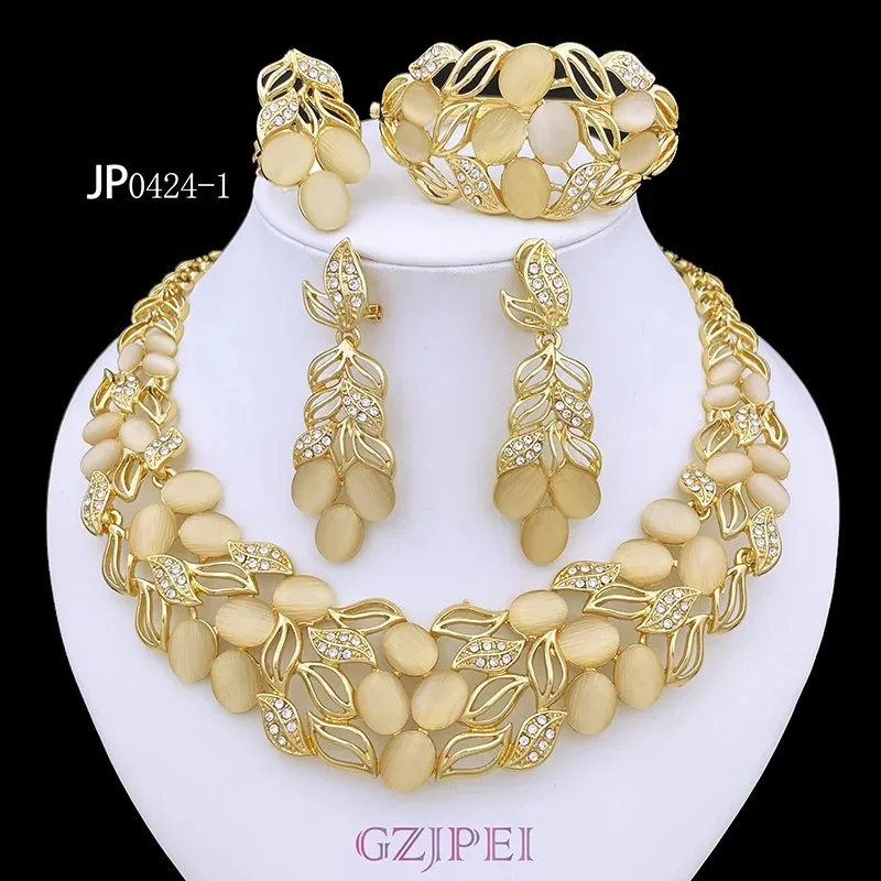 

Vintage Opal Jewelry Set For Women Luxury Design Necklace Earrings Bracelet And Ring 18K Gold Plated Dubai Nigeria High Quality