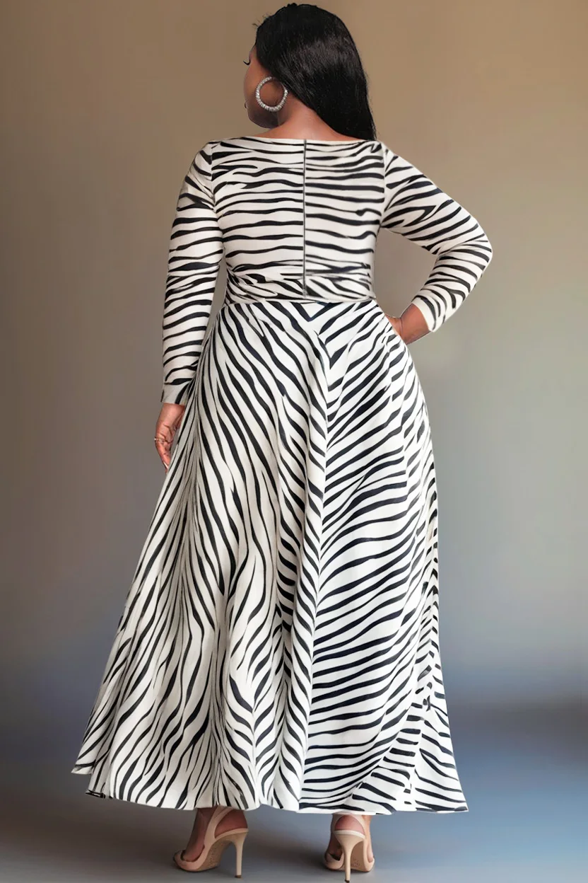 Plus Size Business Casual White Water Ripples Round Neck Long Sleeve Split Knitted Maxi Dresses