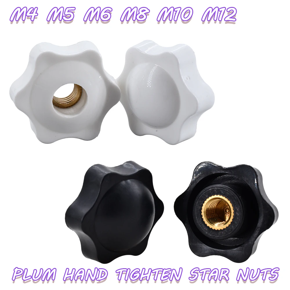 

Black White Plum Hand Tighten Nuts Handle Thread Star Mechanical Thumb Clamp Knob Manual Thread Nuts Through M4 M5 M6 M8 M10 M12