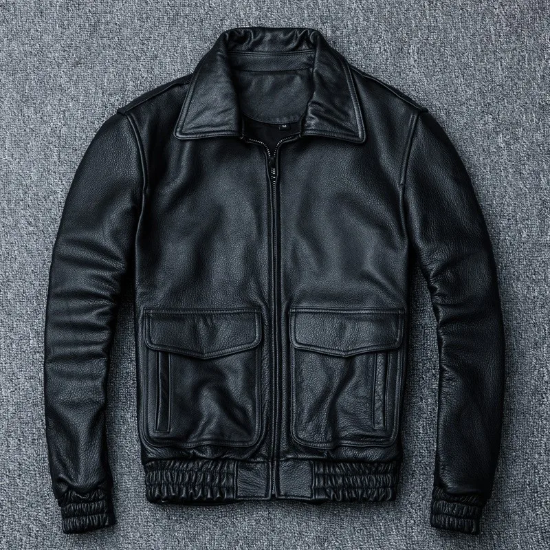 New large-sized coat with top-grain cowhide leather men's lapel