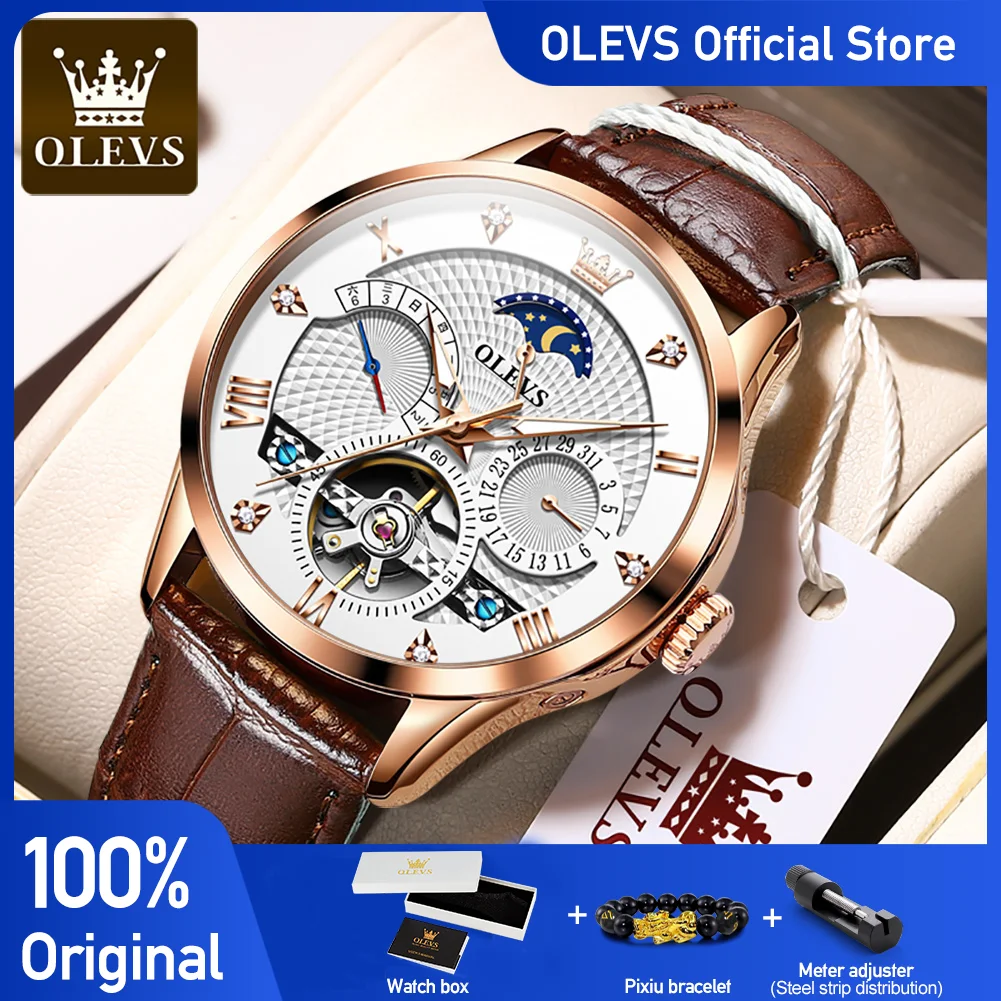 OLEVS Men's Watches Business Skeleton Automatic Mechanical Wristwatch Waterproof Leather Calendar Date Watch for Man New Arrival