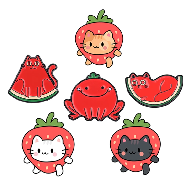 Cartoon Strawberry Cats Fruit Animal Enamel Pin Cute Watermelon Cat and Tomato Frog Brooch Lapel Badge Jewelry Gift for Friends view 3