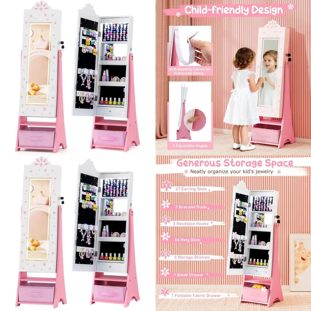 

Отдельно стоящий детский шкаф для ювелирных изделий со светодиодной подсветкой и зеркалом в полный рост и ящиками для хранения для маленьких девочек (белый)