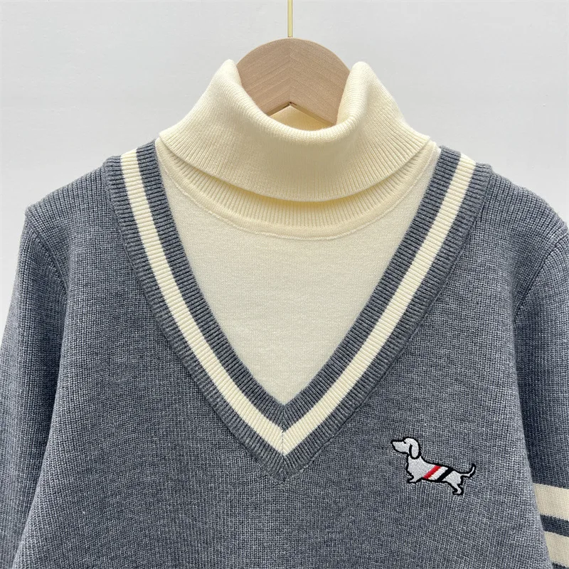 Fake two knitted sweaters, casual high neck, color blocked, loose and slimming striped long sleeved knitted sweater, top