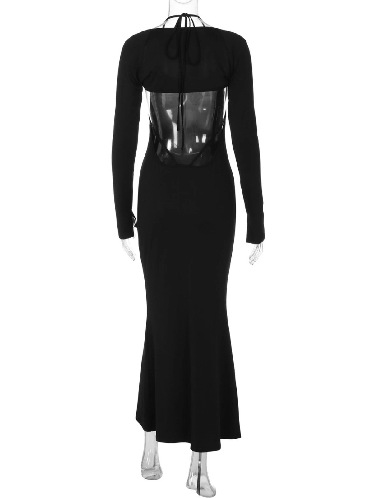 SsTss Sexy Frauen Zwei Stücke Set Einfarbig Neckholder Ärmelloses Rückenfreies, Figurbetontes Maxikleid + Langarm Arm Abdeckung Strickjacke