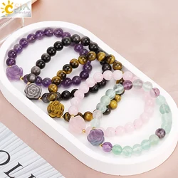 CSJA 8mm Natural Stone Bracelet for Women Handmade Carve Rose Flower Charm Healing Pink Quartz Crystal Bracelets Bangle H455