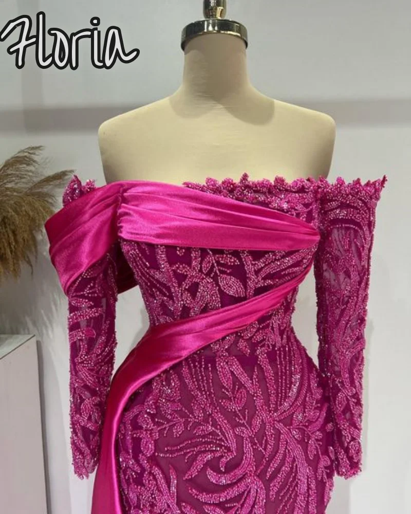 ชุดราตรีเปิดไหล่สีบานเย็น2024ชุดนางเงือกขบวนแห่แบบเป็นทางการประดับลูกปัดสูงชุดเดรสปาร์ตี้แต่งงานแบบทางการ