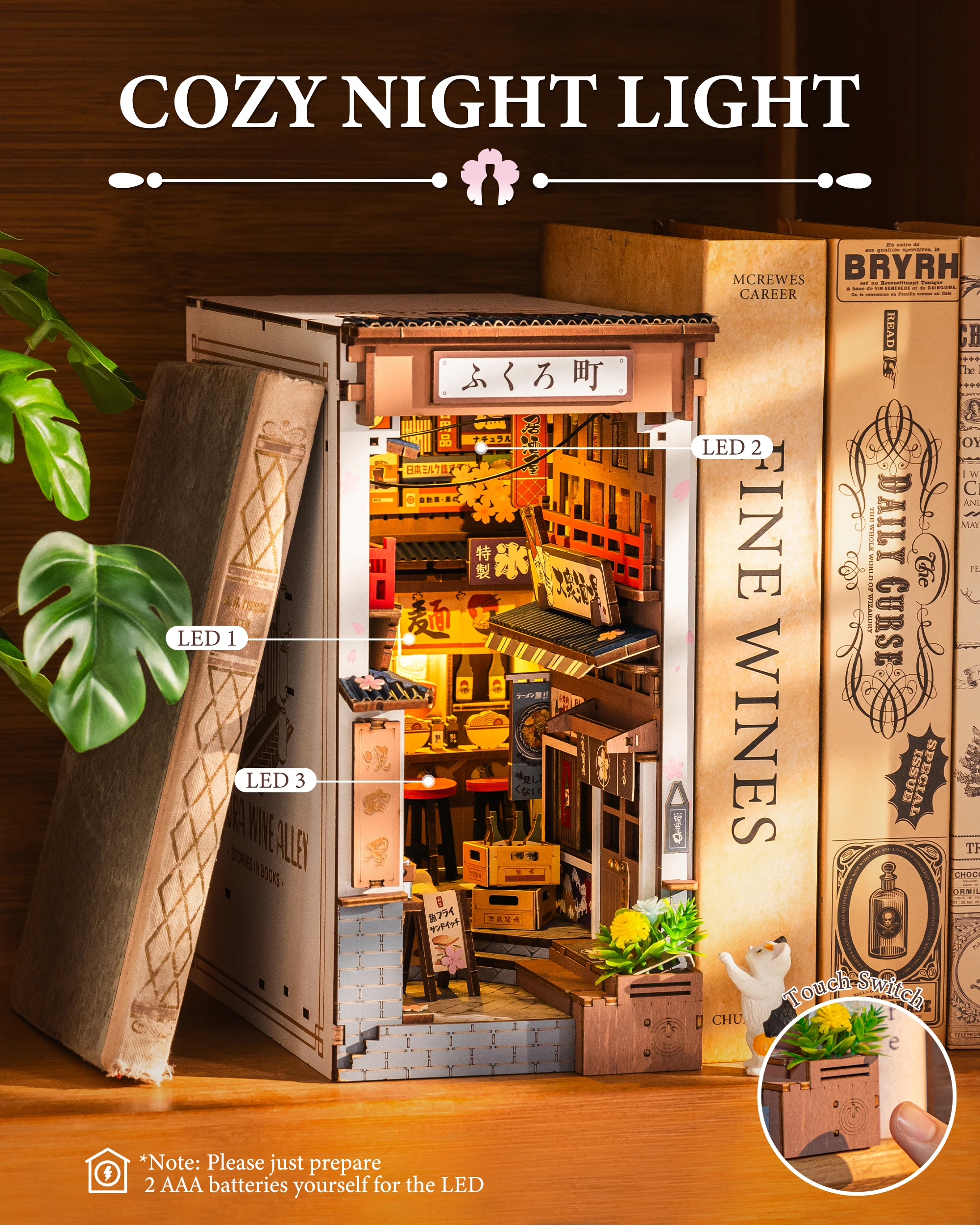 Rolife Wooden 3D Puzzle Sakura Wine Alley DIY Book Nook Kit Assembly Wood Bookends with LED Light for Bookshelf Decor Birthday Gift for Book Lovers