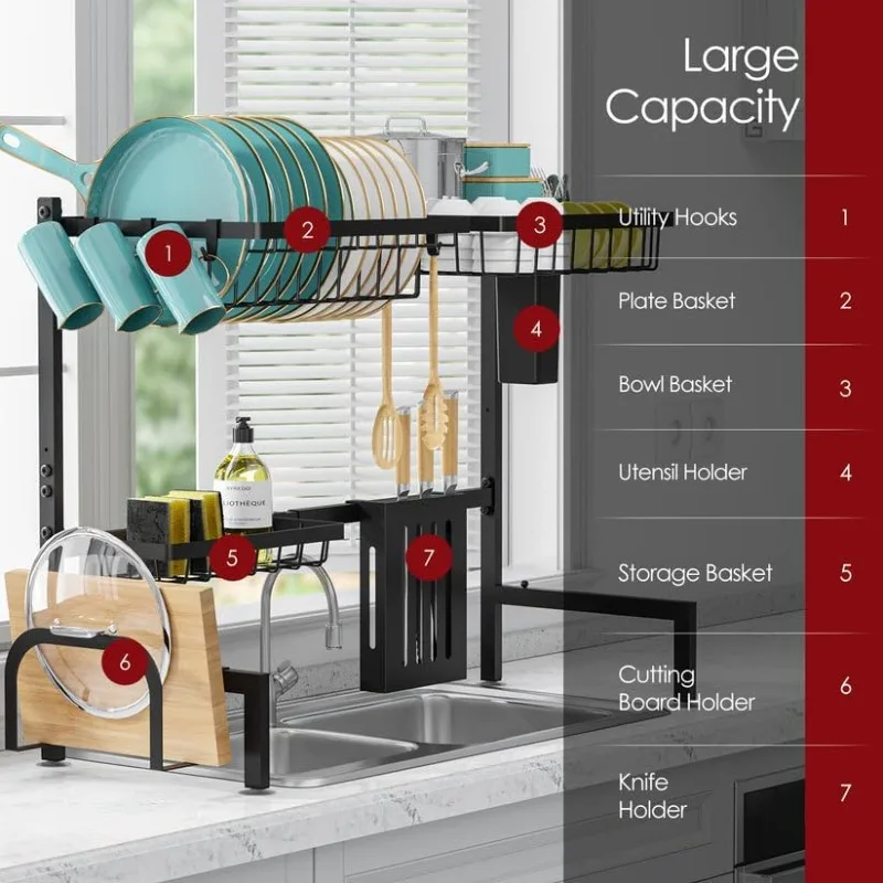 Dish Drying Rack Over The Sink - Large Capacity Stainless Steel Dish Drainer, Multifunctional Kitchen Organizer, Black,