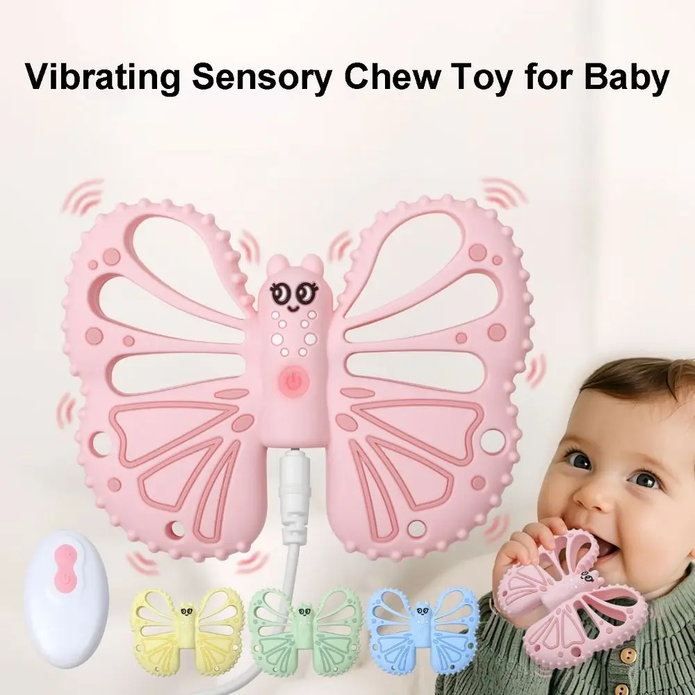 

Butterfly Shape Vibrating Teether with Remote Control 10-Speed Vibration Modes Chewy Sensory Food Grade Silicone Soft Teether