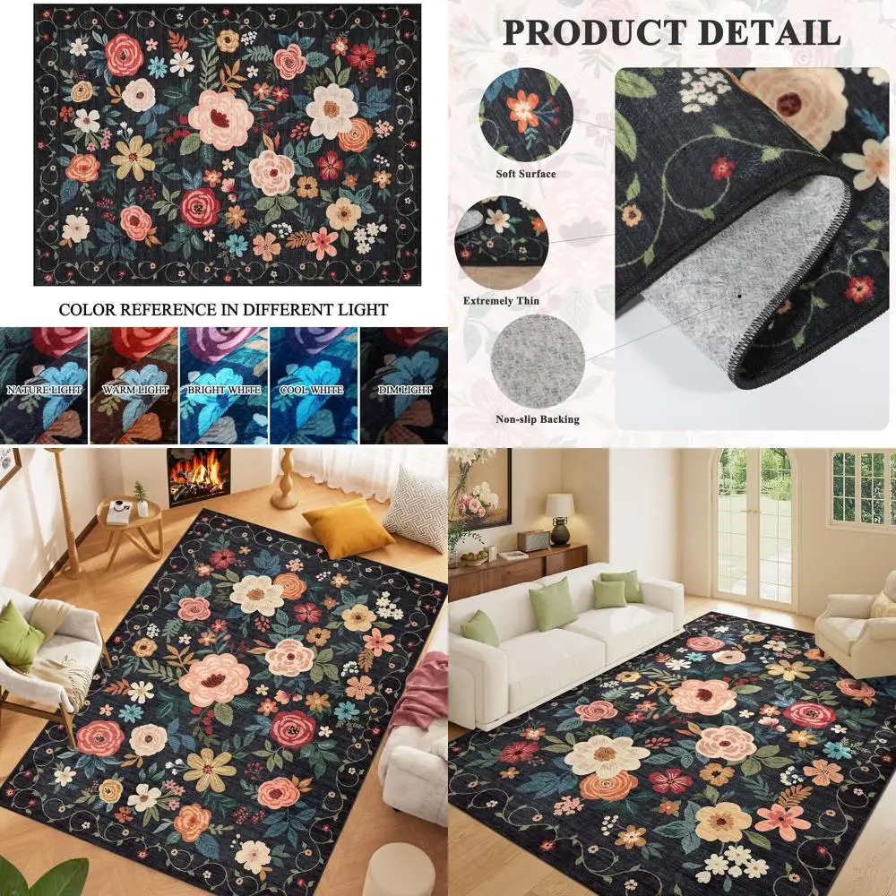 

Floral 5x7 Boho Rug - Lightweight, Non-Slip, Washable for Indoor Use in Bedroom, Living Room, Dining Room, Black