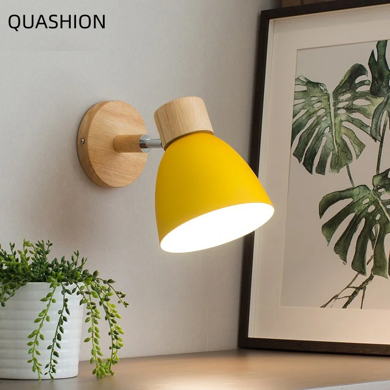 Nordic Wall Lamp Bedroom Bedside Hallway Kids Room Modern Decor Wall Sconce Adjustable Colorful Macaron Metal Shade Wood Base