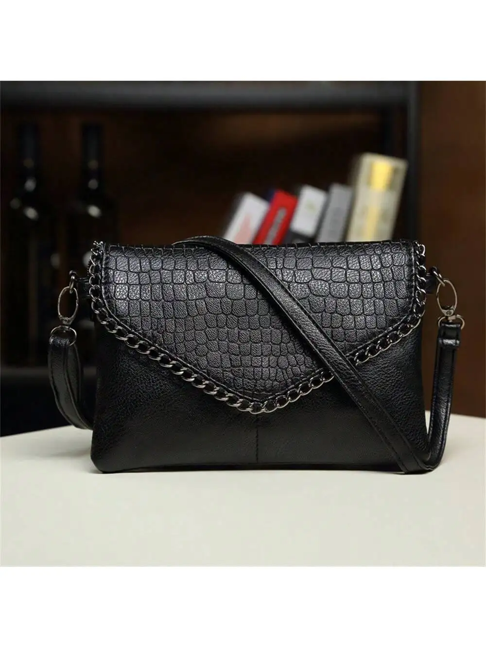 Crocodile Embossed Chain Decor Flap Square Bag