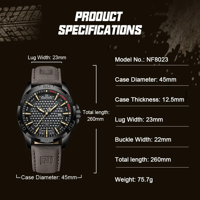 NAVIFORCE Men's Casual Sport Military Quartz Calendar Wrist Watch for Men Leather Water Resistant Clock Relogio Masculino NF8023