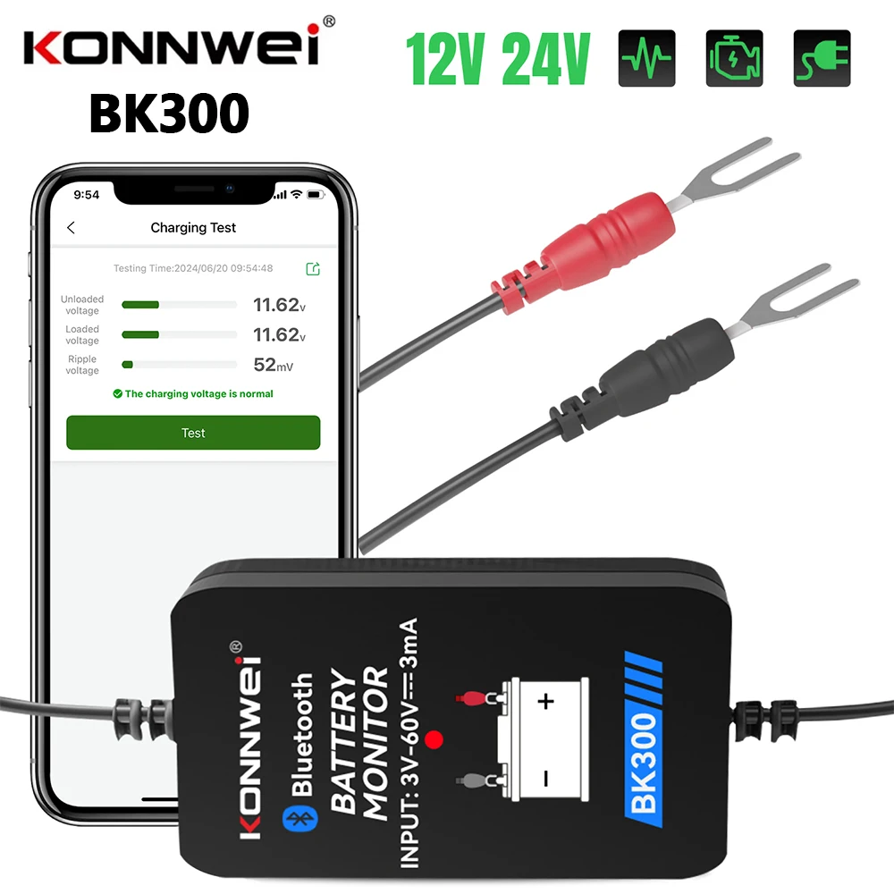 

KONNWEI BK300 Монитор автомобильного аккумулятора BT 5.0 для свинцово-кислотного автомобильного грузовика 12 В 24 В Пусковая батарея для Android IOS Инструмент анализатора аккумуляторов