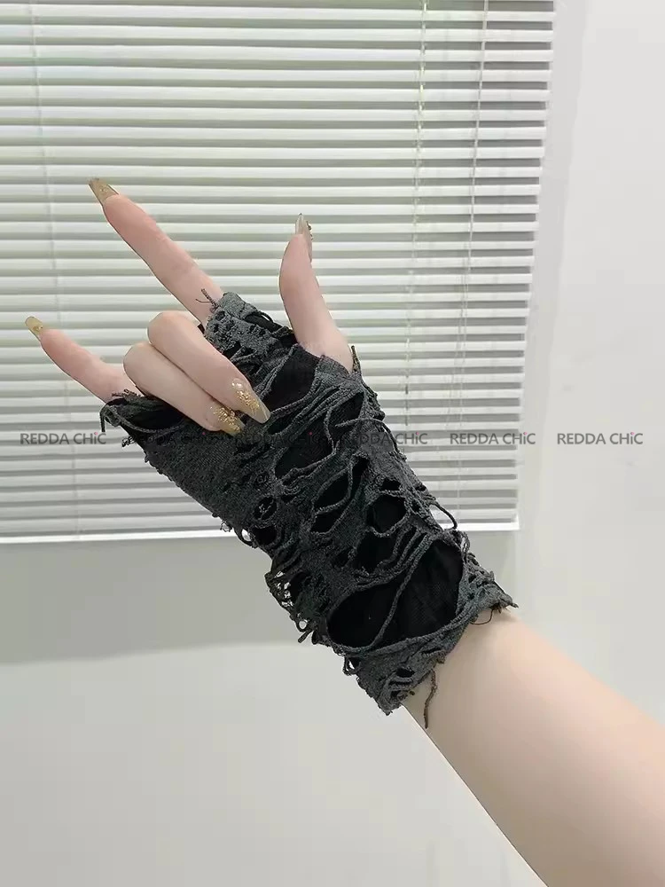 REDDACHiC Acubi Fashion Women Ripped Holes Arm Warmers Retro Gray Fingerless Gloves Arm Sleeves Grunge Y2k Harajuku Accessories