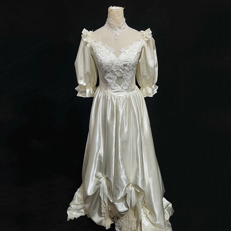 AnXin SH-Robe de mariée en dentelle de satin champagne vintage, manches courtes bouffantes, perles de perles, nœud de princesse, antique, personnalisée