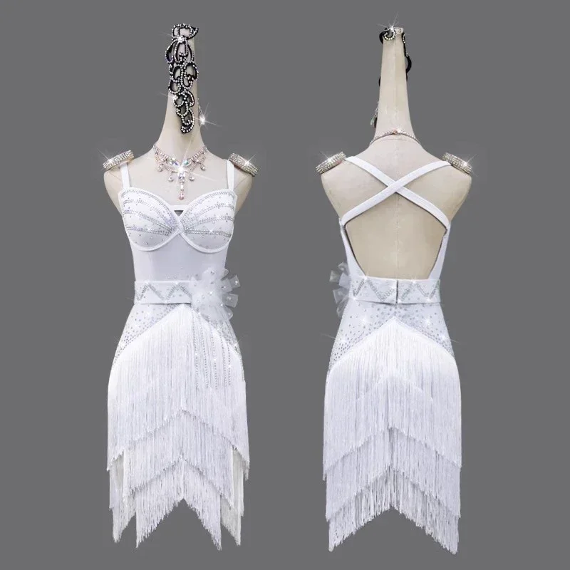 White Latin Dance Dress Stage Performance Women Female Tassels Skirt Sports Costume Ball for Girls Practice Wear Prom Suit