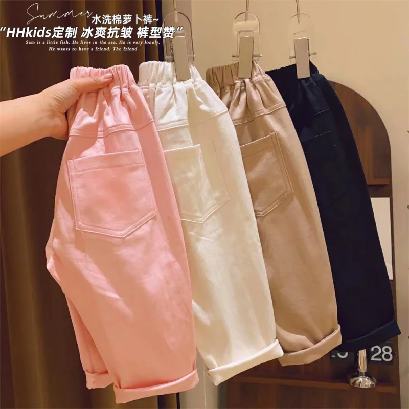 Girls' Solid Color Loose Casual All-Match Flanging Trousers Wide-Leg Overalls Spring Young and Little Girls Simple Pants