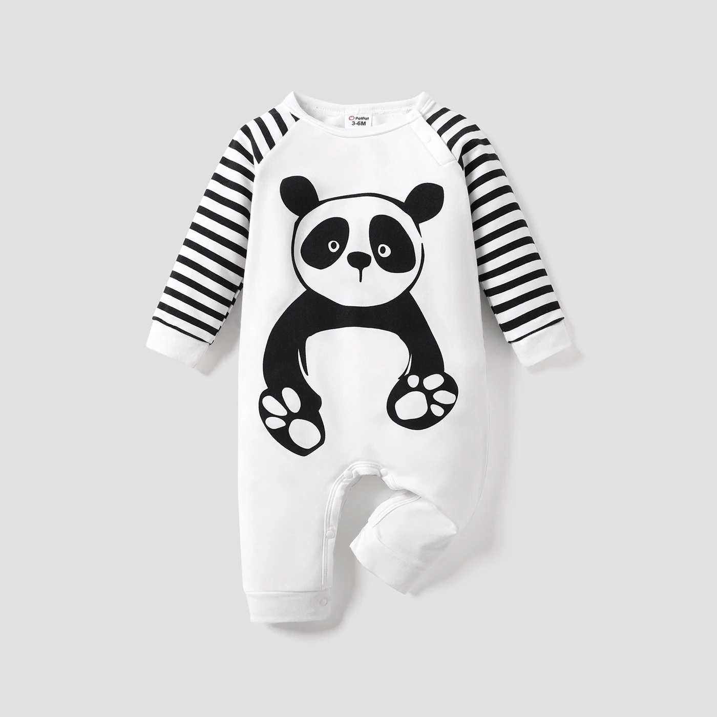 

PatPat Panda and Stripe Print Long-sleeve White Baby Jumpsuit